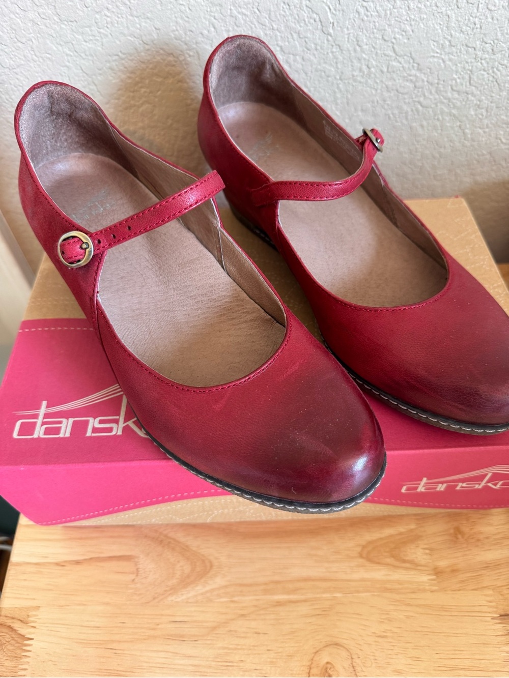 Dansko Red Leather Mary Jane Wedge with Gold Buckle - Picture 2 of 6